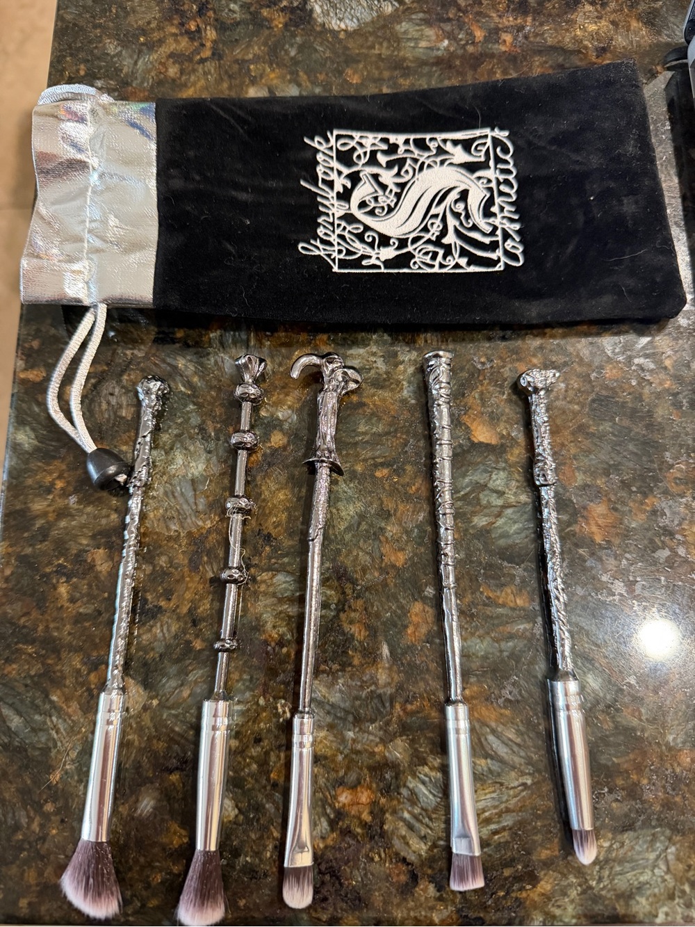 Harry Potter Silver Metallic Wand Makeup Brush Set with pouch.